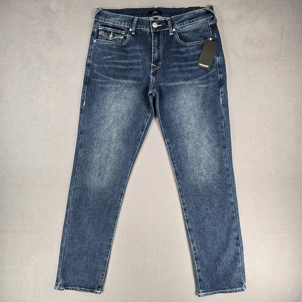 True Religion Geno SN Flap Jeans Mens 34x31 Blue Relaxed Slim Dark Stretch Denim